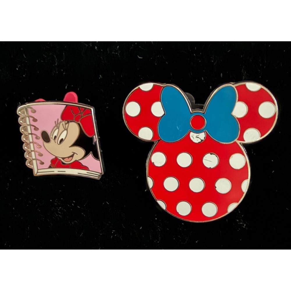 Disney Minnie Mouse Enamel Pin Lot 2pc Notebook Polka Dot Bow Red Blue White‎